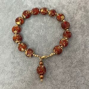 Handmade glass bead freshwater pearl orange gold bracelet